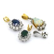 Four gem set and diamond pendants set with sapphire, opal, and emerald, including three 18ct gold,