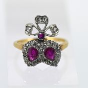 A Victorian ruby and diamond double heart cluster ring, set in yellow gold, size L.