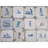 Twelve Delft style earthenware tiles, decorated in blue and white glaze with figures, bird, etc,