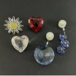 Swarovski Crystal Glass, Two Window Hangers, Red Heart, Yellow Flower and Clear Heart, boxed.