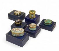Five Halcyon Days hinged pill boxes to feature designs 'Floral', Elephant in the Kakiemon Style', '