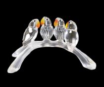 Swarovski Crystal Lovebirds babies with coloured beaks perched on frosted branch (199123), by Adi