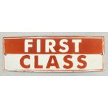 Enamel 'First Class' advertising sign. (H: 10cm x L: 30.5cm)