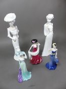 Two Spode Pauline Shone figurines, Olivia and Virginia, together with 3 small Coalport figurines,