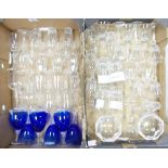 Clear Crystal glass wine goblets, wine glasses, tumblers, cobalt blue glasses, bottles and small