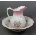 Large James Kent washbowl and jug with pink floral pattern, diameter of bowl 40cm (2).