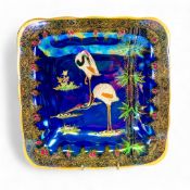 Carlton Ware square form dish, gilded and decorated with lustre cranes 2932, c1925, 23cm x 23cm.
