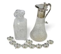 Crown Staffordshire Bone China decanter labels compromising Bourbon, Brandy, Gin, Port, Rum, Scotch,