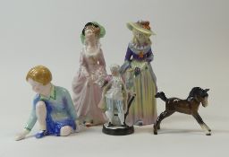 A collection of porcelain figures to include Crown Staffordshire girl picking, Beswick foal, Foreign