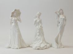 Coalport Glossy White Lady Figurines:- (unstamped) Alice, Sophie, Dancing Goddess. Tallest:-23cm (