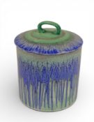 Shelley lidded preservative/sugar pot, featuring a distinctive blue and green drip glaze. (H: 12cm)