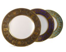 De Lamerie Fine Bone China, a selection of heavily gilt plates in varied colourways. Made in England
