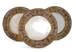 De Lamerie Fine Bone China, heavily gilt plates with lilac banding. Made in England. (3)