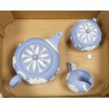 Wedgwood Pale Blue Jasperware part tea set to include:- Teapot, lidded sugar bowl, milk jug (1tray)