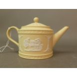Wedgwood primrose yellow jasperware miniature teapot with white bas relief depicting Ulysses, height