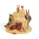 Royal Doulton prototype bunnykins tableau figure Sandcastle moneybox, painted in a different