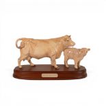 Beswick Connoisseur Cattle series, Charolais Cow & Calf on wooden plinth. (H: 19cm)