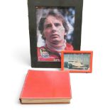 Framed Gilles Villenueve signed print, together with leather bound photograph album containing