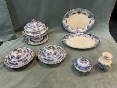 Three Victorian blue & white Copeland tureens & covers with gilded acanthus moulded handles; and
