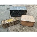 A large painted dovetailed pine box; a hardwood box with metal mounts, escutcheon & handles; and