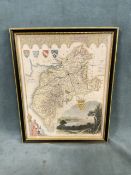 Thomas Moule, a handcoloured 1836 engraved map of Cumberland with gothic arcaded header, armorial