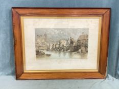 HW Brewer, coloured engraving, a view of the medieval Tyne Bridge from the Gateshead bank, published