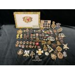 A cigar box of cap badges & buttons - Kings Own Malta, Wiltshire, Dorsetshire, Air Training Corps,