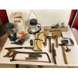 Miscellaneous tools - a Coleman kerosene lantern, a gas light, an electric workshop light,
