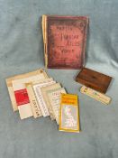 A mahogany cased set of draughtsmans implements, a pencil tin, an 1880 navigational map of the