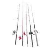 Five sea fishing spinning type rods - Shakespeare, Powerstick and Tidewater - all fitted with