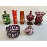 A Bohemian ruby glass covered bonbon dish and vase engraved with deer & scrolling; a Carl Rotter