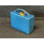 An Asprey kingfisher blue leather travelling jewellery case with adjustable handle, gilt brass lock,