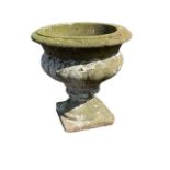 A composition stone campana shaped garden urn with lobed body raised on a turned socle and square