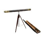 A C19th cased leather bound brass single-draw telescope with an additional section, with a