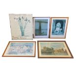 Five framed coloured prints - David Hockney - still life with vase, Whistler - old Battersea Bridge,