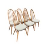 A set of six Ercol windsor 365 Quaker elm and beech dining chairs, the arched spindle backs above