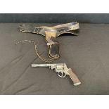 A replica American Civil War Adams revolver with hardwood grip, leather holster and ammunition