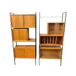 A section of teak Ladderax shelving with sliding door cupboards, bookcases, filing compartments,