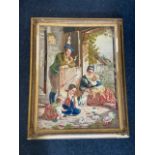 A Victorian woolwork tapestry picture of a Scottish crofter and family playing with kittens in the