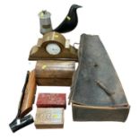 Vintage miners lamp, wooden box, mantle clock, mandolin and various sundry items.