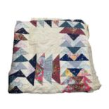 Victorian handstitched patchwork bedcover 220 x 250cms, with later repair patches. Flying Geese patc