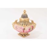Royal Doulton twin-handled vase and cover, circa 1895, polychrome painted with flowers by Percy Curn