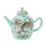 Small Chinese porcelain teapot, painted en grisaille with a dragon amongst foliage, 19th/20th centur