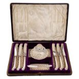 Silver butter dish and knife set in fitted case