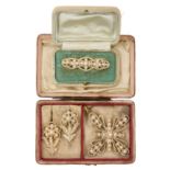 Regency pearl cruciform pendant, pair of Regency pearl earrings and a similar brooch