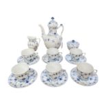 Royal Copenhagen blue fluted coffee set, including coffee pot, sugar bowl and cover, milk jug, six c