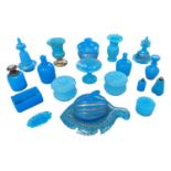 Collection of late 19th and early 20th century blue opaline glass, including scent bottles, melon sh