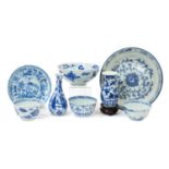 Group of mostly 18th century Chinese blue and white porcelain, including a dragon bowl with six char
