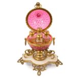 Fine quality Palais Royale ormolu, white marble and cranberry glass scent bottle casket, the globula