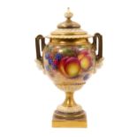 Royal Worcester twin-handled vase and cover, of urn form, painted with fruit by Freeman, shape numbe